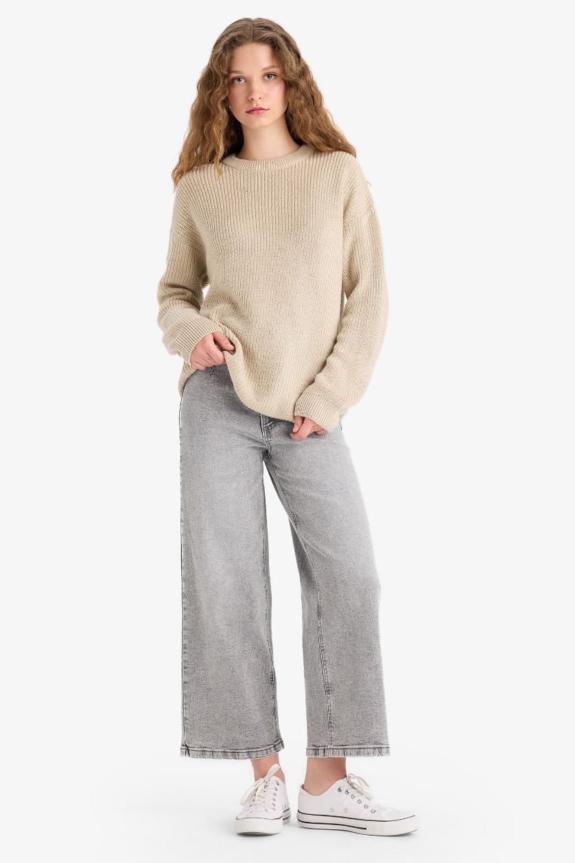 Kadın Bej Regular Fit Bisiklet Yaka Selanik Kumaş Basic Düz Triko Kazak