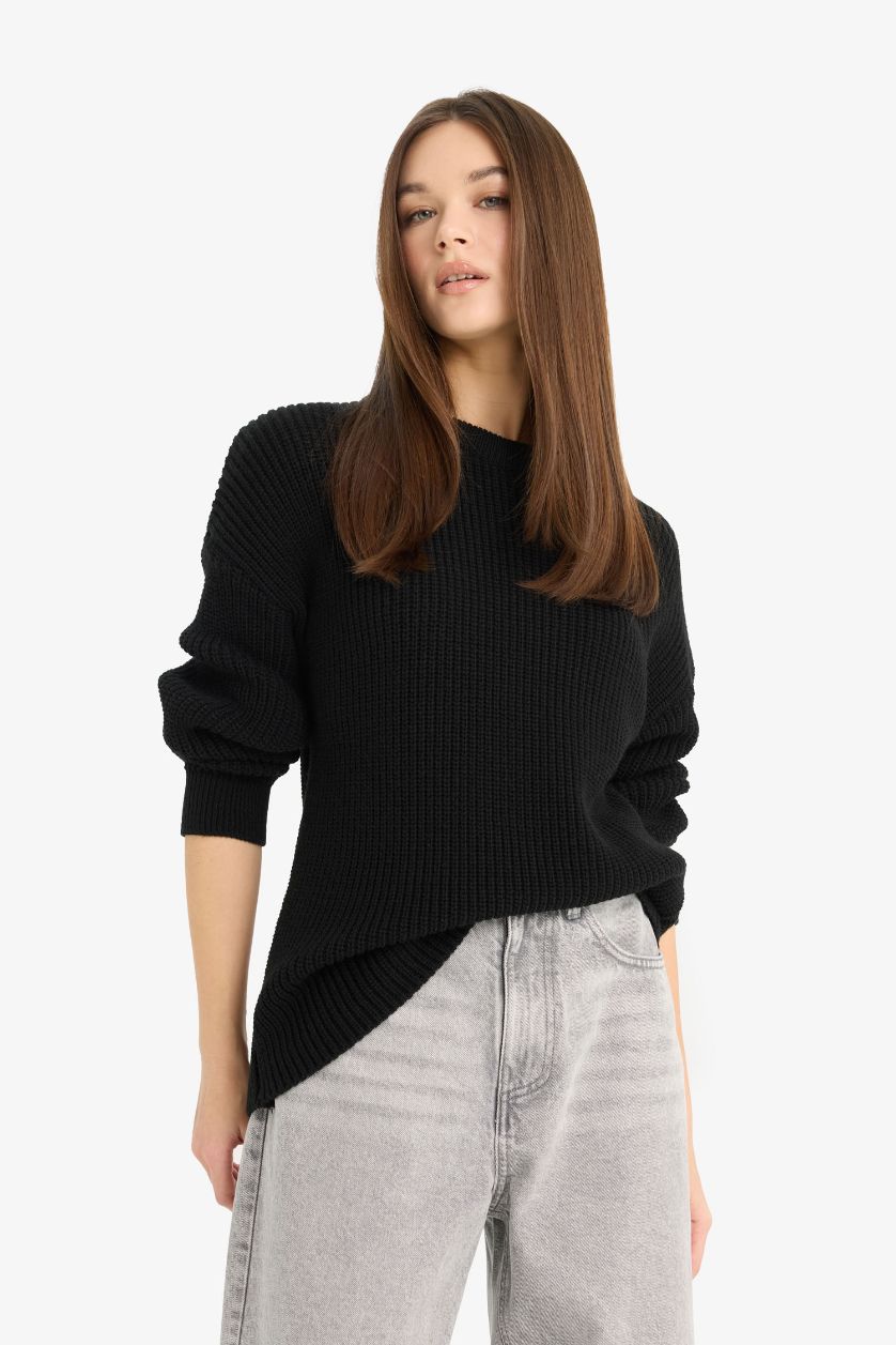 FEMME Noir Pull basique en maille selanik à col rond Coupe régulière