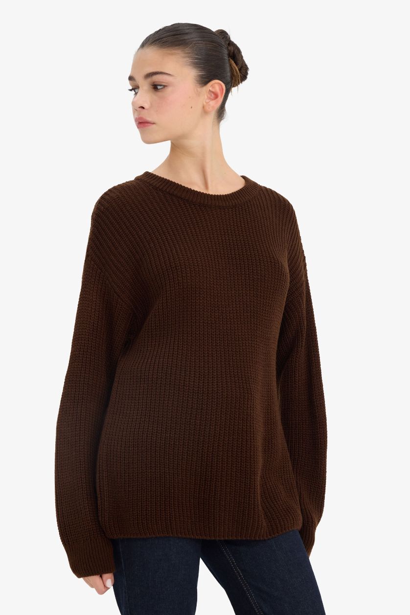 نساء بني بلوز صوف قصة عادية بياخة مستديرة