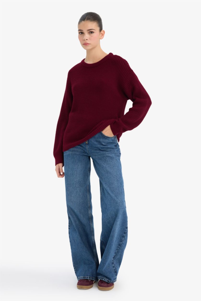 Kadın Bordo Regular Fit Bisiklet Yaka Selanik Kumaş Triko Kazak