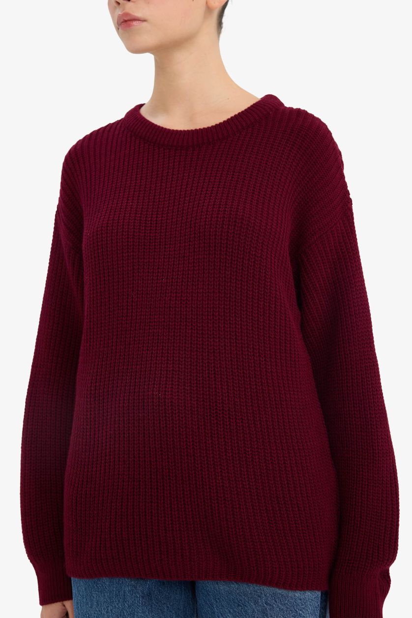 Kadın Bordo Regular Fit Bisiklet Yaka Selanik Kumaş Triko Kazak