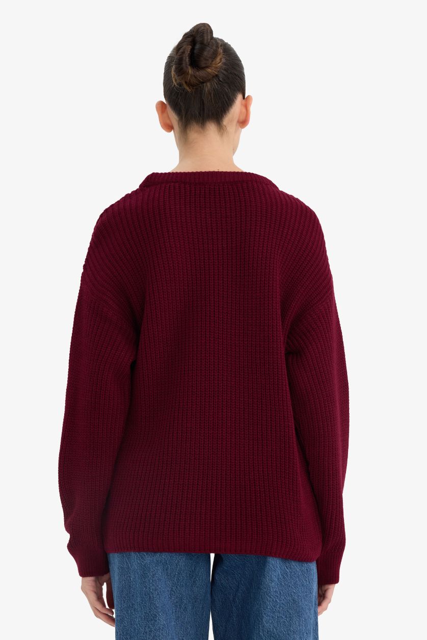 Kadın Bordo Regular Fit Bisiklet Yaka Selanik Kumaş Triko Kazak