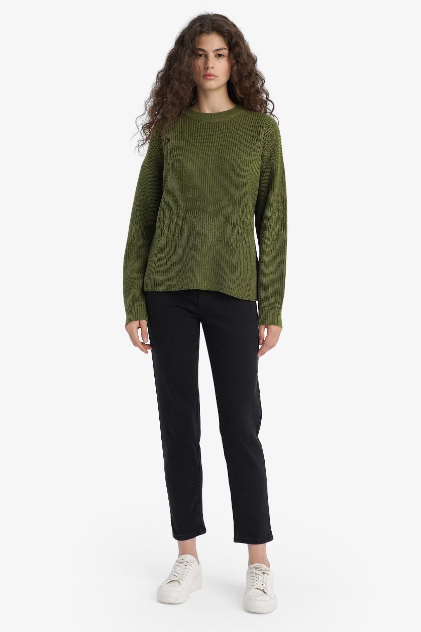 Женщины Хаки Трикотажный свитер Regular Fit Basic с круглым вырезом и из ткани «селаник»