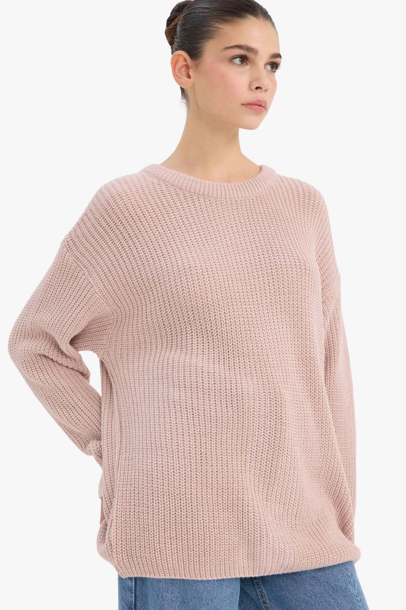 Kadın Pembe Regular Fit Bisiklet Yaka Selanik Kumaş Triko Kazak