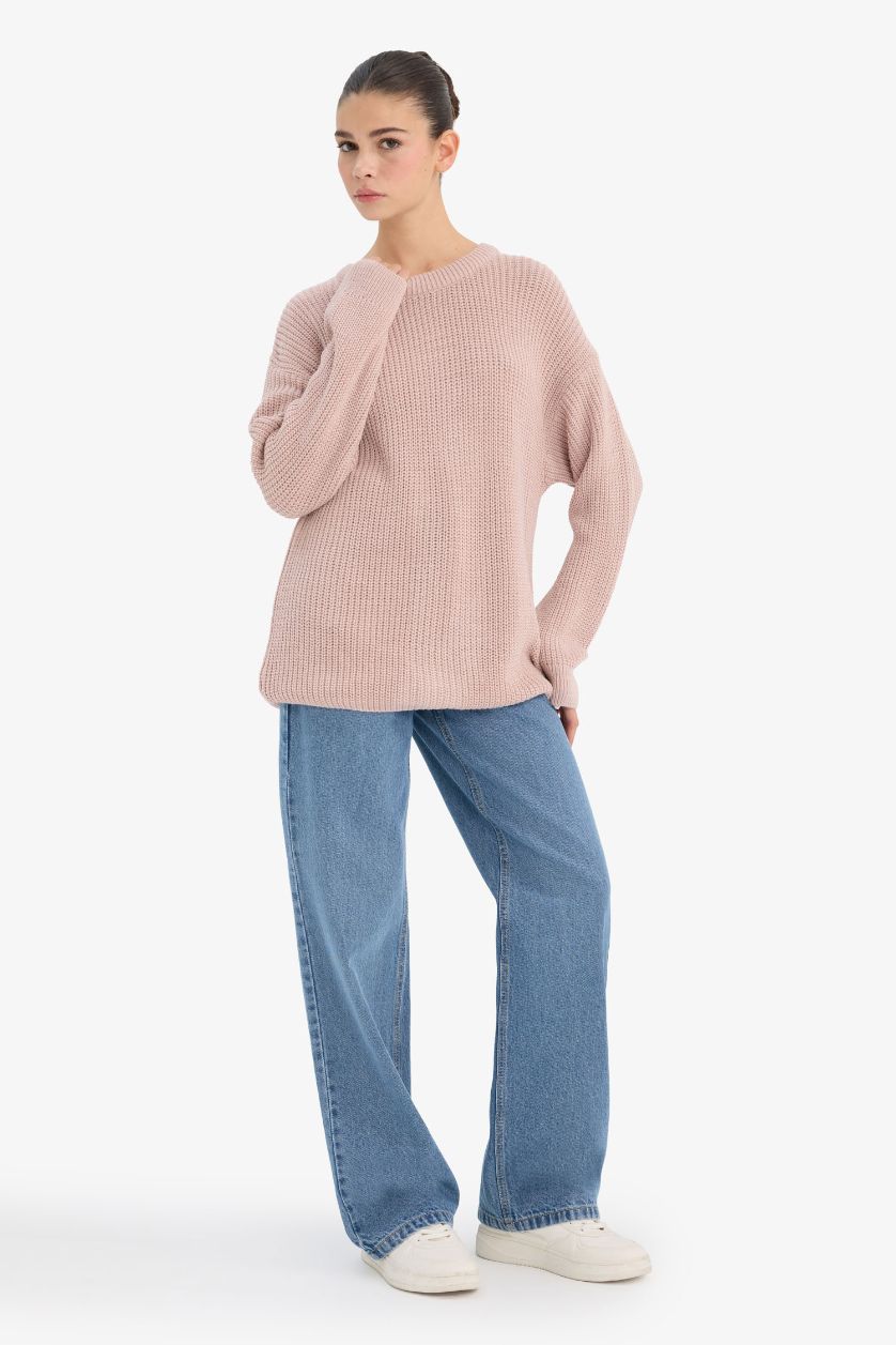 Kadın Pembe Regular Fit Bisiklet Yaka Selanik Kumaş Triko Kazak