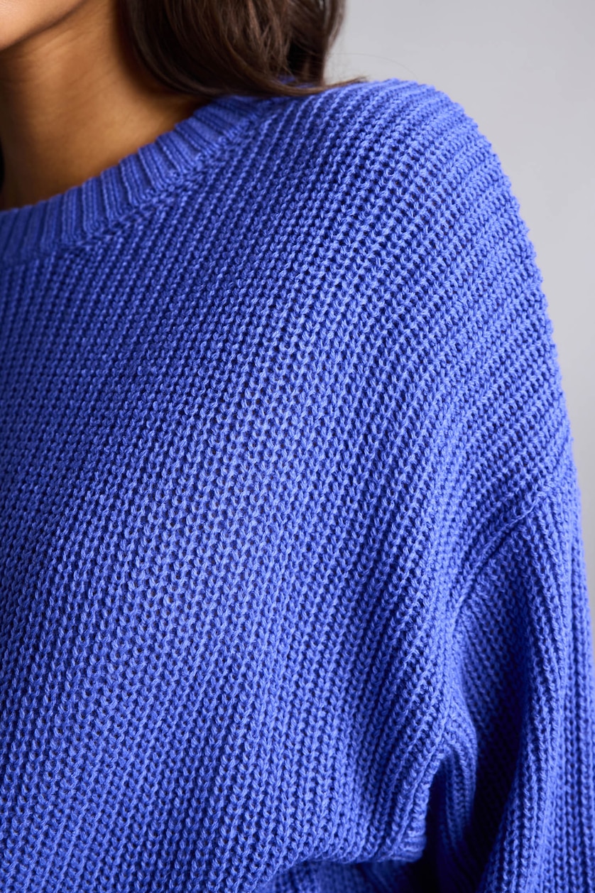 Kadın Saks Regular Fit Bisiklet Yaka Fitilli Basic Kazak