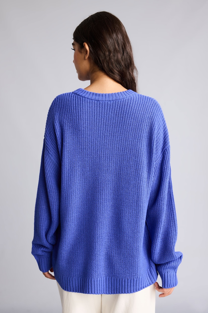 Kadın Saks Regular Fit Bisiklet Yaka Fitilli Basic Kazak
