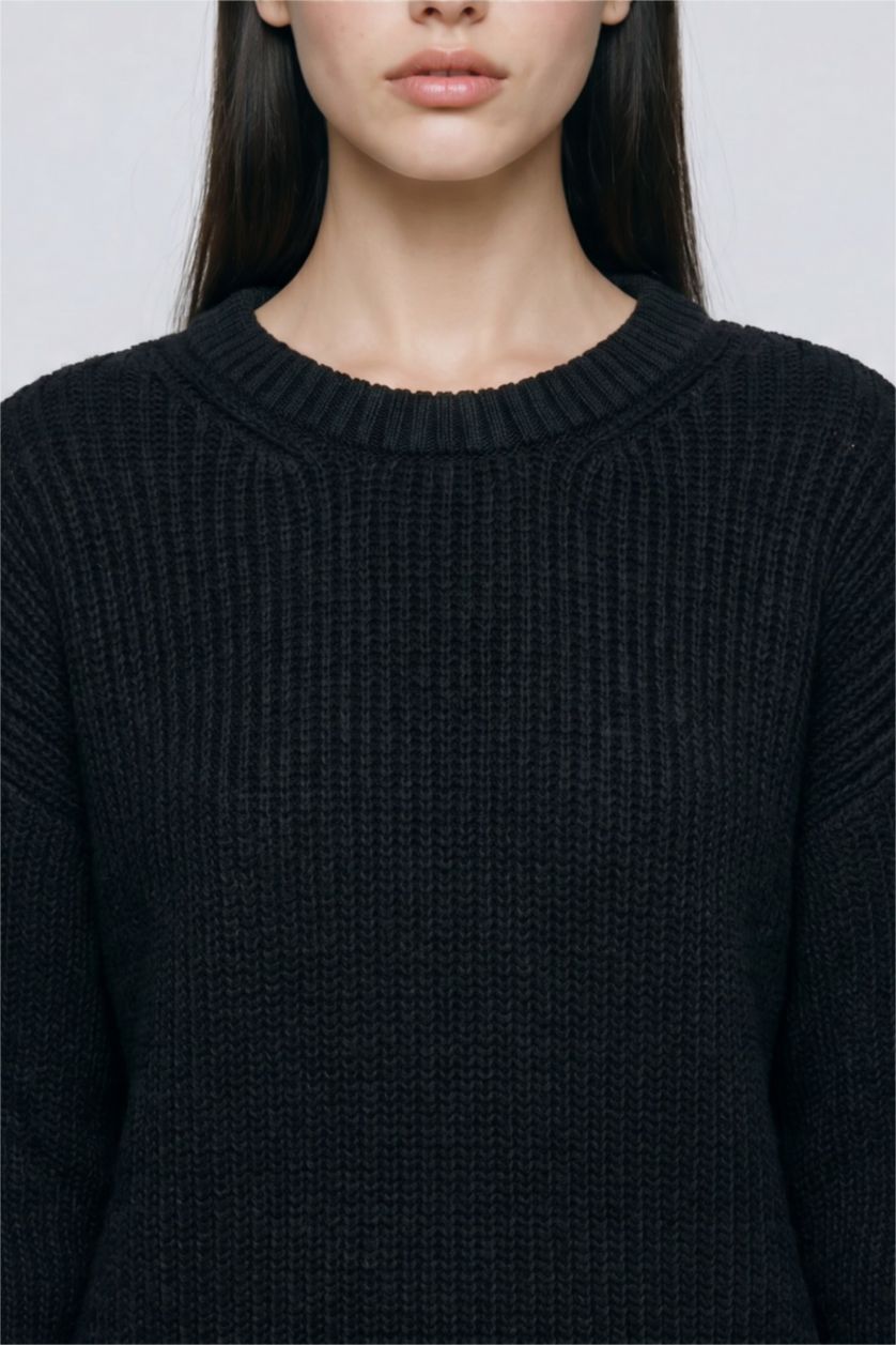 WOMAN Black Regular Fit Crew Neck Black Pullover