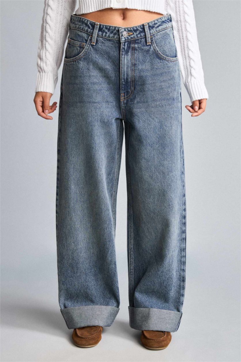 WOMAN Dark Blue Baggy Fit Folded Leg Trousers