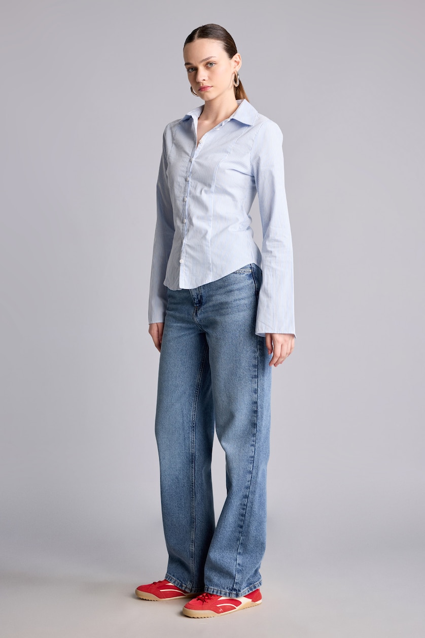 Kadın Mavi %100 Pamuk Yüksek Bel Wide Leg Jean Pantolon