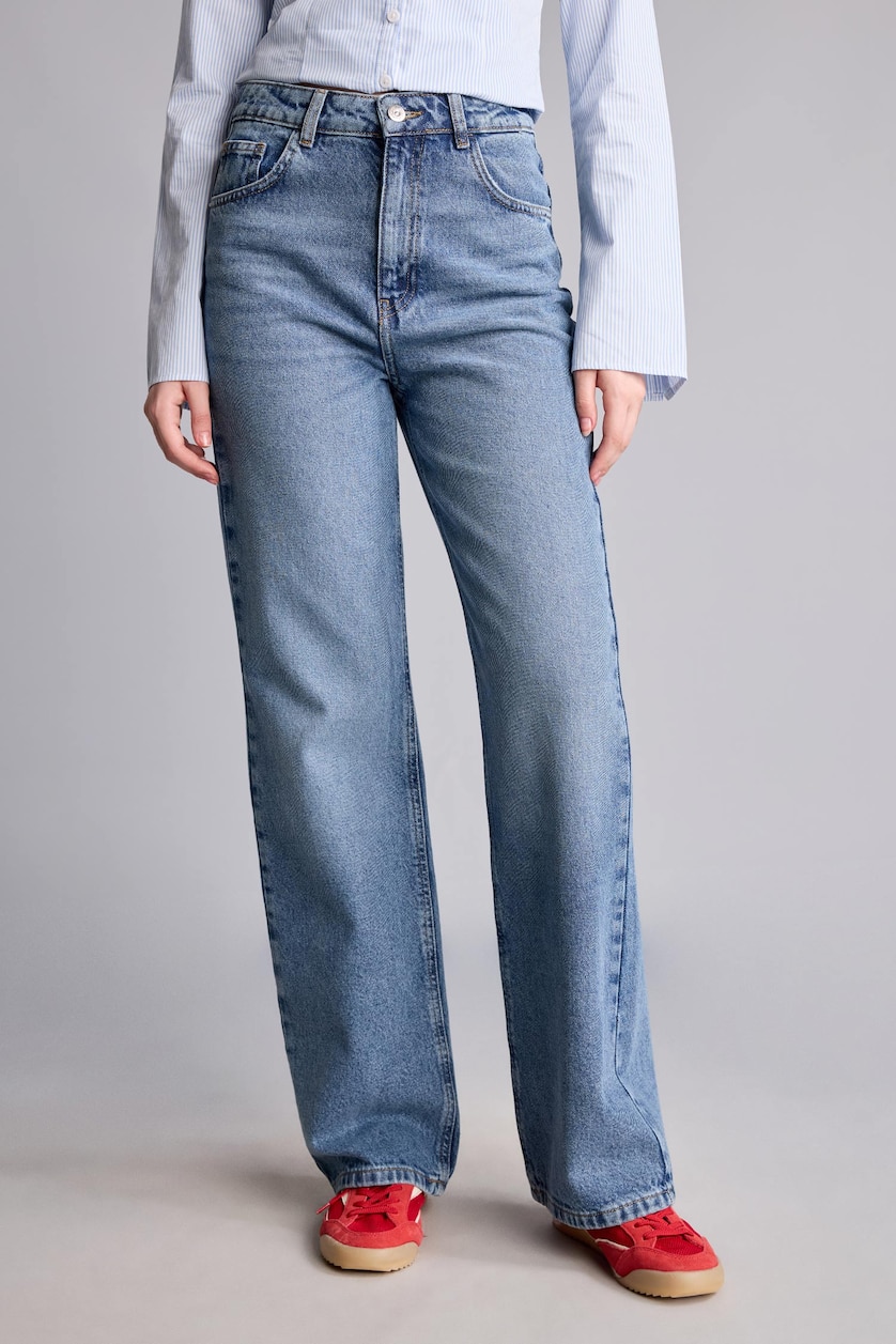 Kadın Mavi %100 Pamuk Yüksek Bel Wide Leg Jean Pantolon