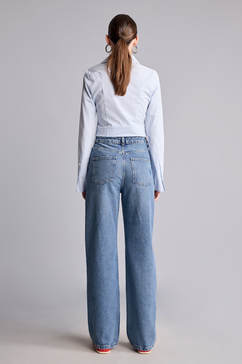 Kadın Mavi %100 Pamuk Yüksek Bel Wide Leg Jean Pantolon
