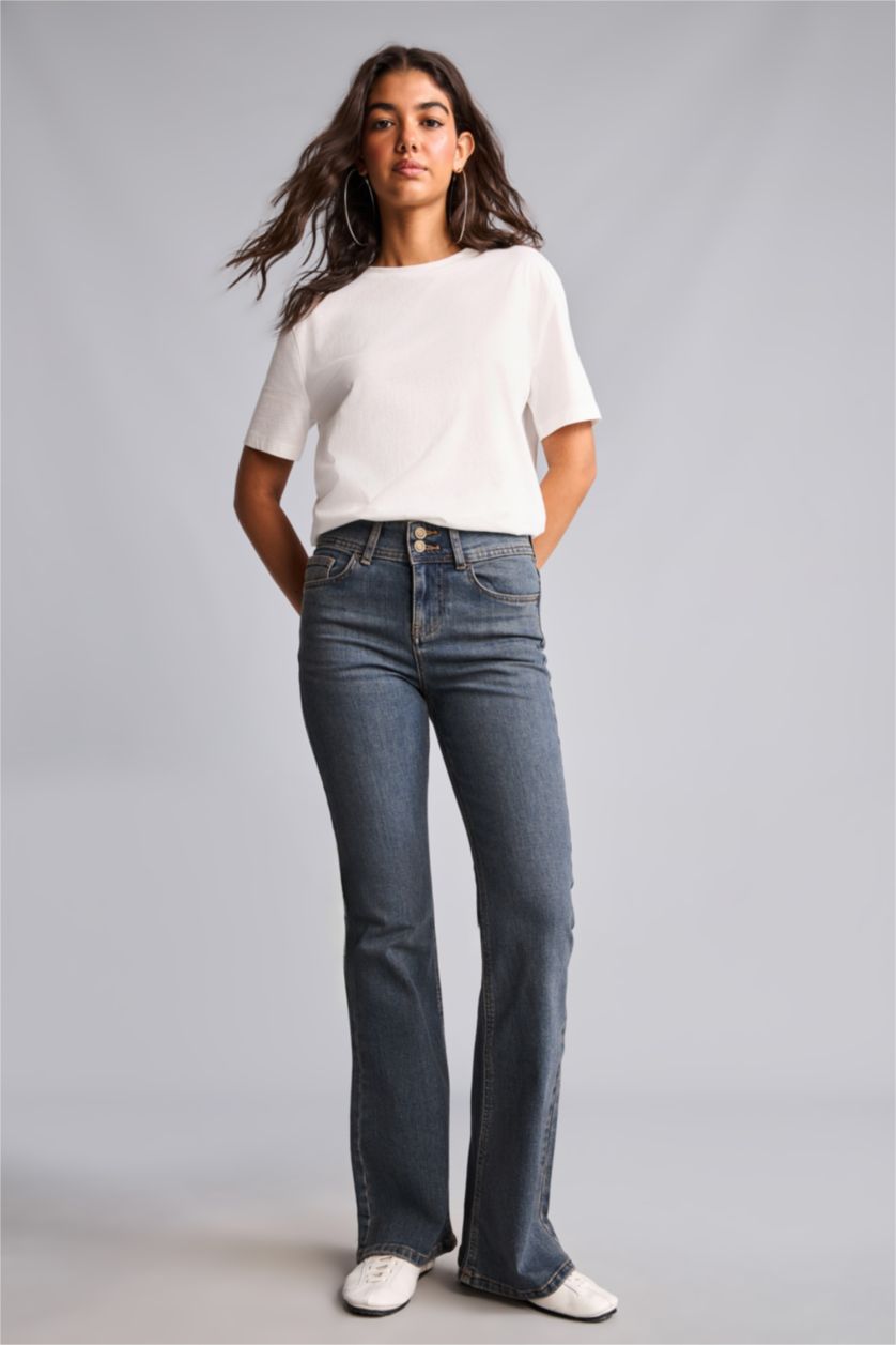Women Dark Blue Normal Waist Flare Trousers