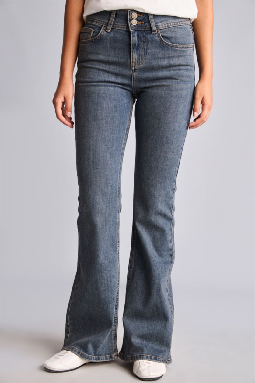 Women Dark Blue Normal Waist Flare Trousers
