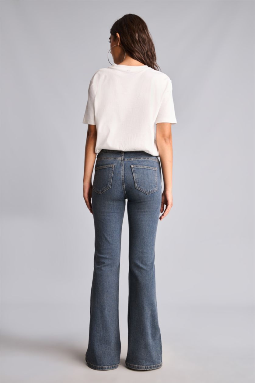 Women Dark Blue Normal Waist Flare Trousers