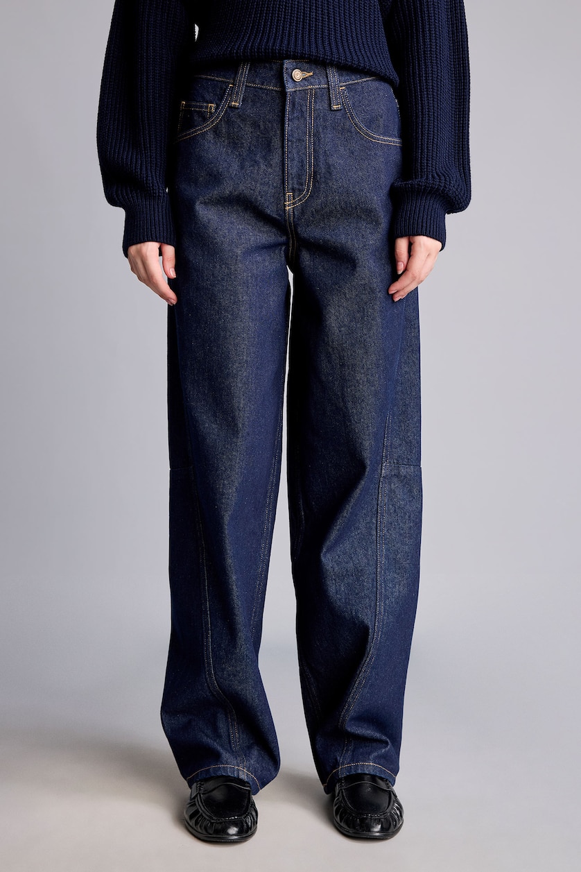 Kadın Mavi Siyah Yüksek Bel Barrel Fit Jean Pantolon