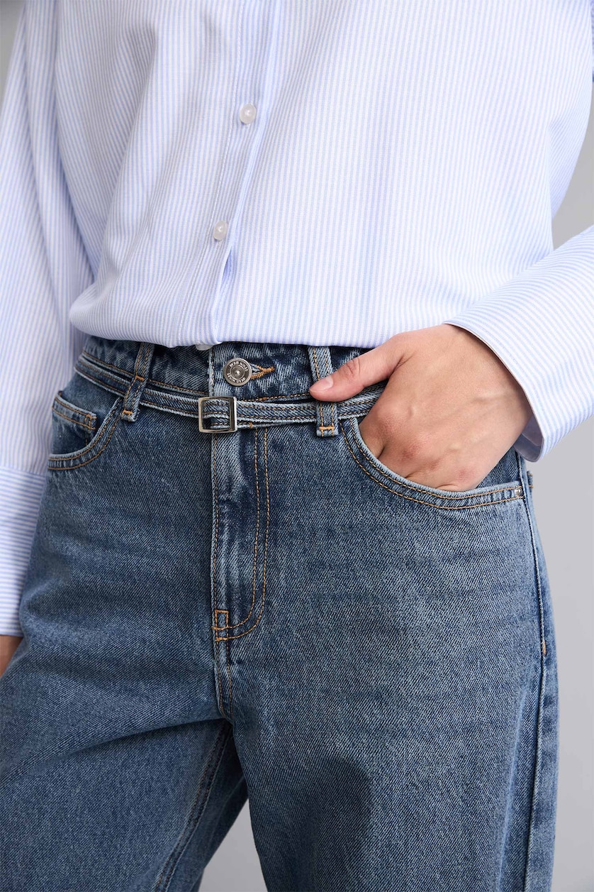 Kadın Mavi %100 Pamuk Straight Fit Yüksek Bel Jean Pantolon