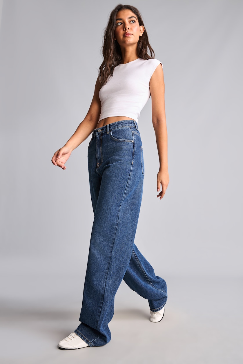 Kadın Koyu Mavi 90's Wıde Leg Yüksek Bel Jean Pantolon
