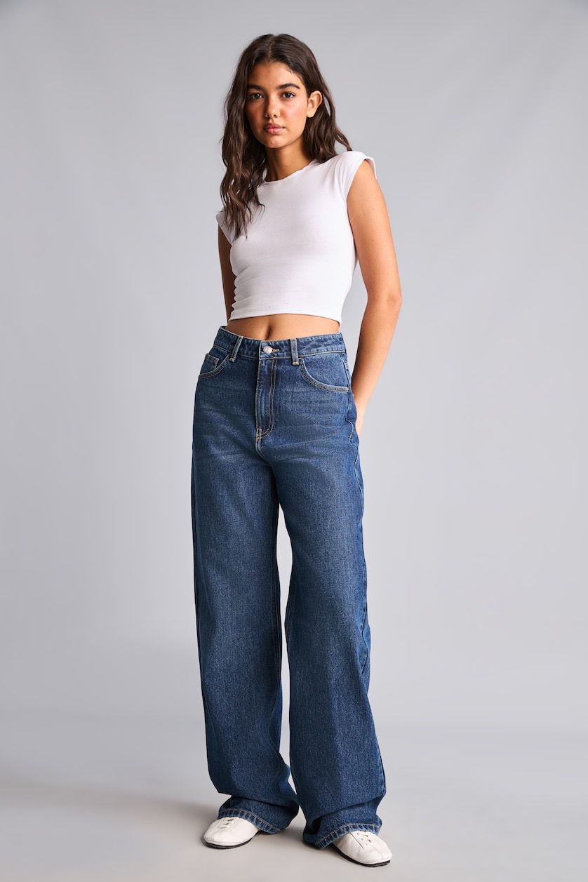Kadın Koyu Mavi 90's Wıde Leg Yüksek Bel Jean Pantolon
