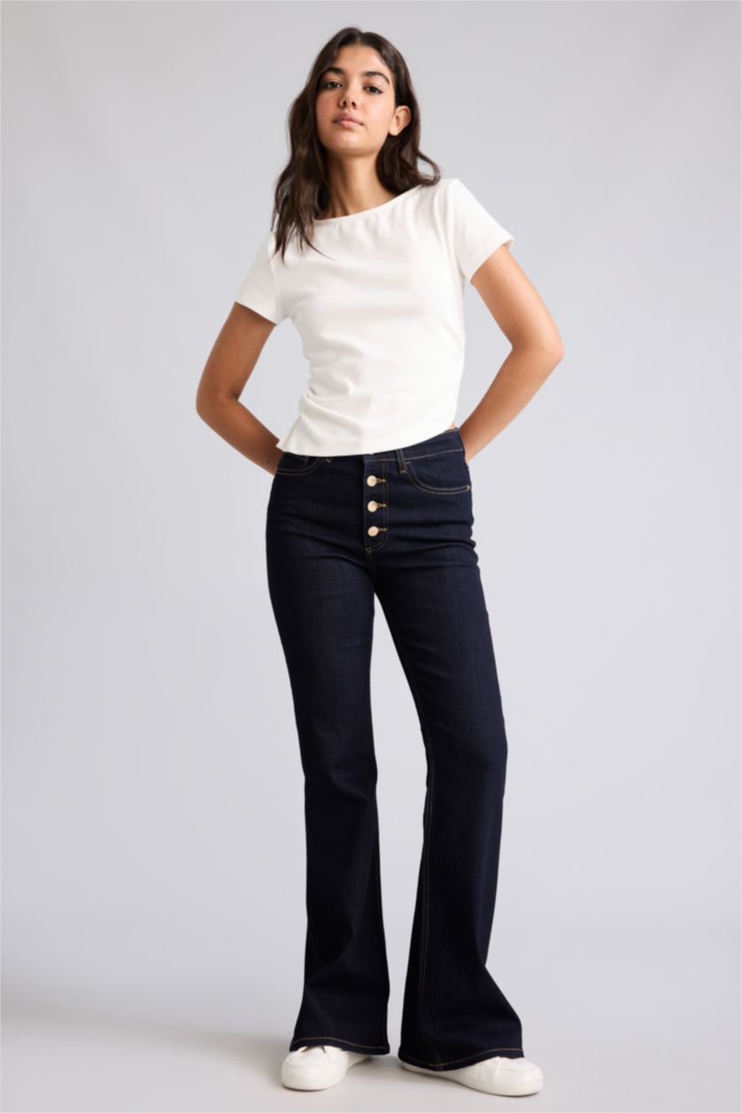 WOMAN Blue Black Normal Waist Flare Trousers