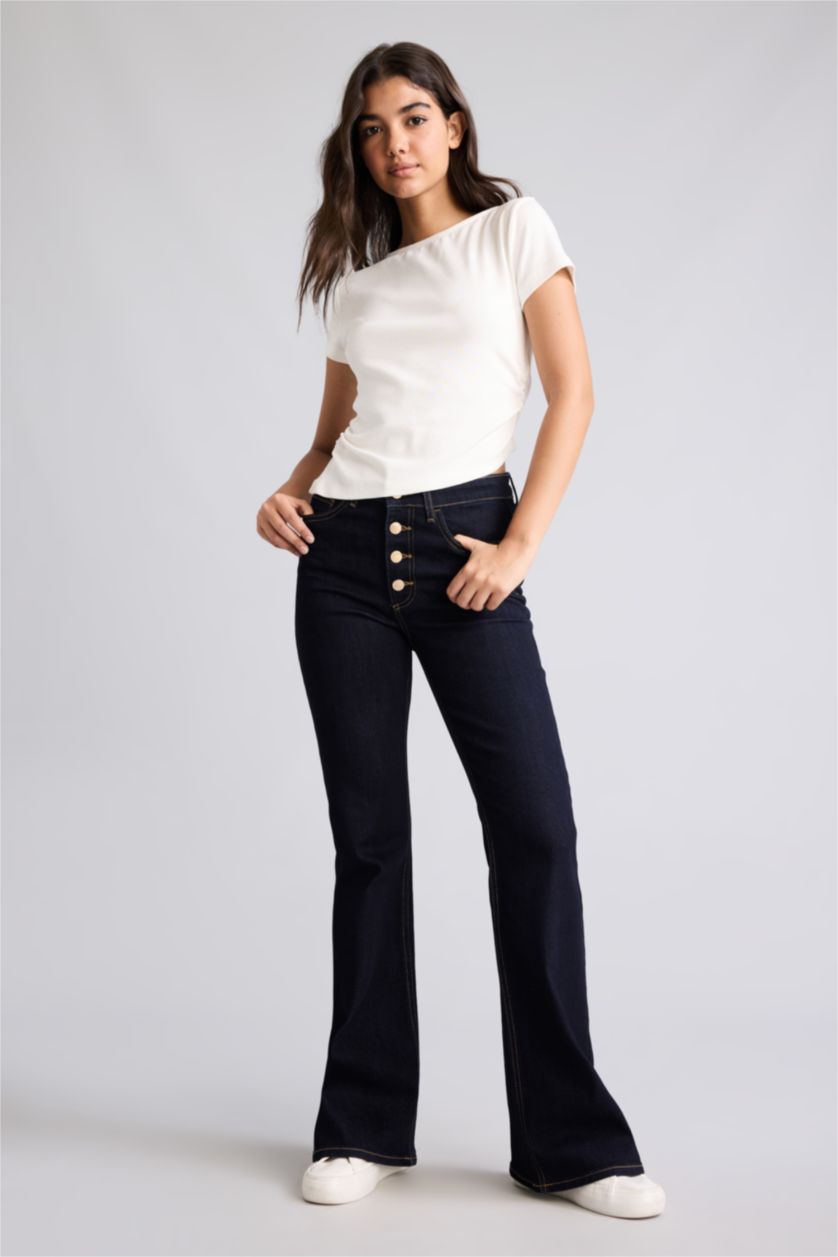 WOMAN Blue Black Normal Waist Flare Trousers