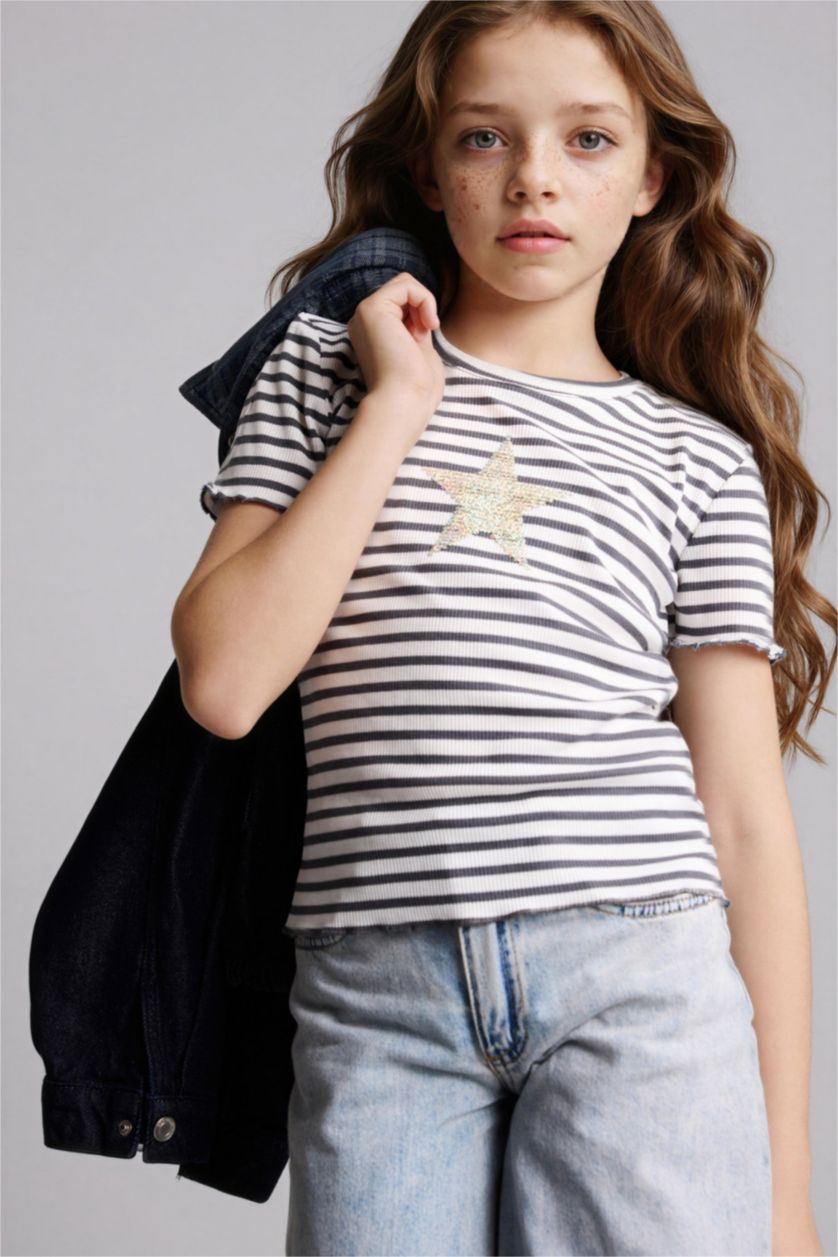 Girls & Teens Grey تيشيرت بناتي نص ردن مضلع قصة عادية وطبعة نجم