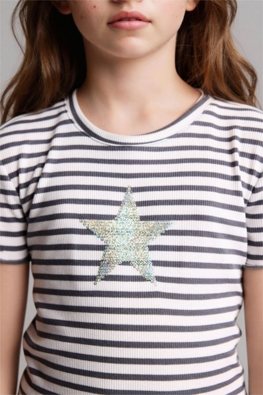 Girls & Teens Grey تيشيرت بناتي نص ردن مضلع قصة عادية وطبعة نجم