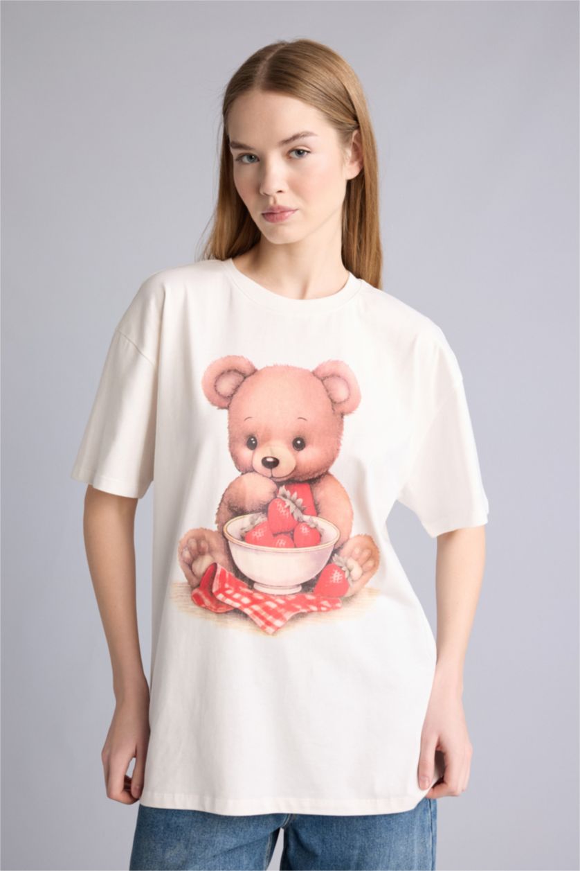 Kadın Kırık Beyaz Oversıze Ayıcıklı Tişört