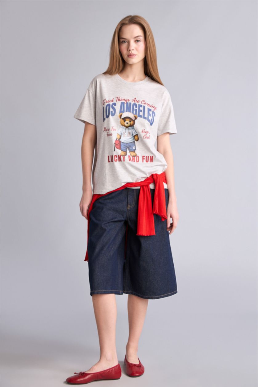 Kadın Açık Gri Teddy Bear Baskılı Kız Çocuk Tişört