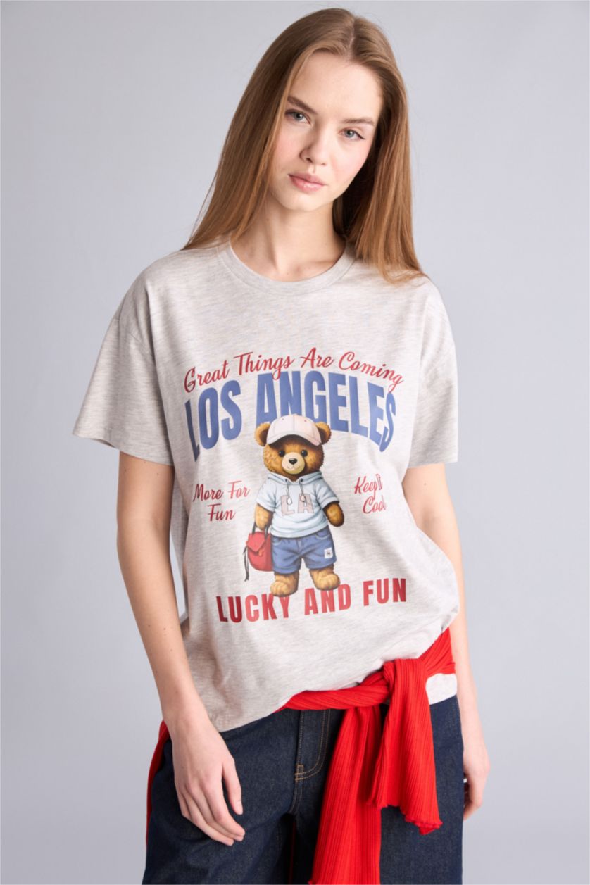 Kadın Açık Gri Teddy Bear Baskılı Kız Çocuk Tişört