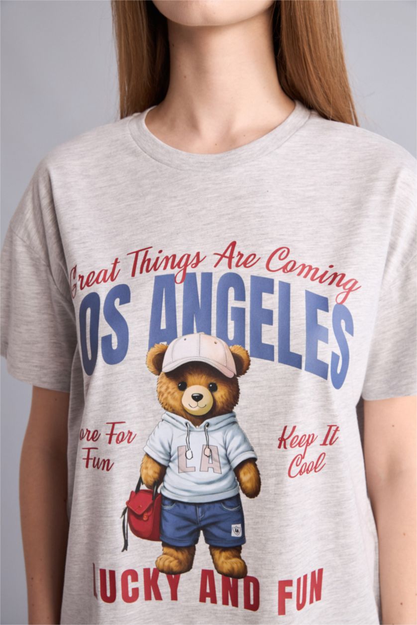 Kadın Açık Gri Teddy Bear Baskılı Kız Çocuk Tişört