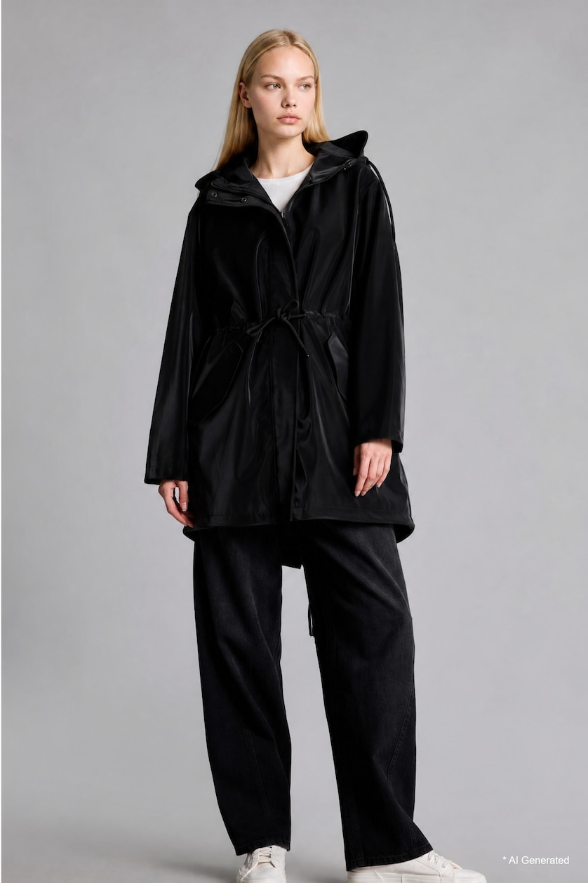 Woman Black Regular Fit Hooded Raincoat