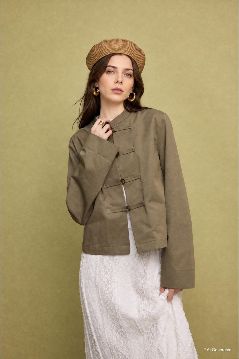 FEMME Kaki Clair Veste Napoléon boutonnée en coton 100% à col rond Coupe régulière