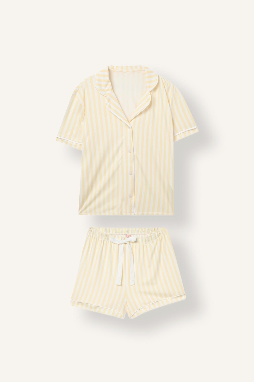 Kadın Açık Sarı Ultra Yumuşak Softshell Şort Tişört Pijama Takımı