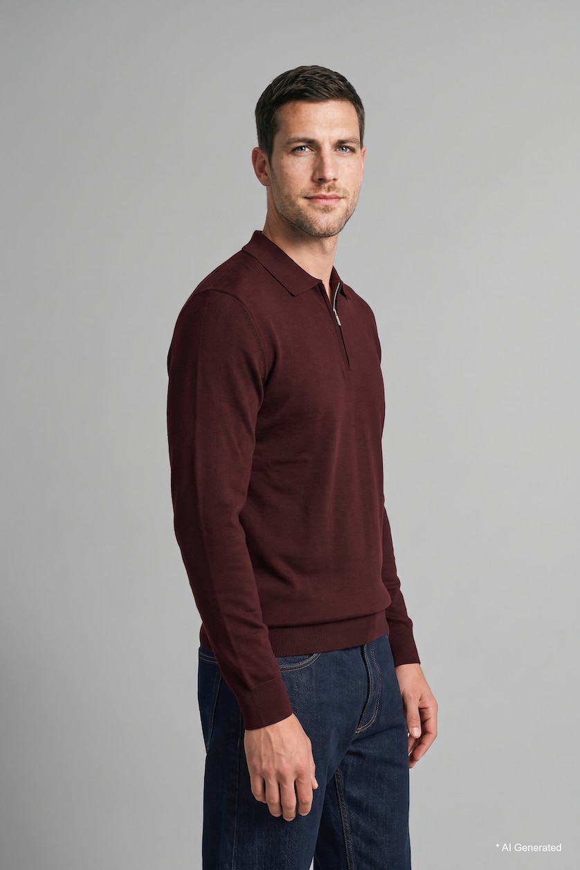 Erkek Bordo Standart Fit Polo Yaka Triko Basic Kazak