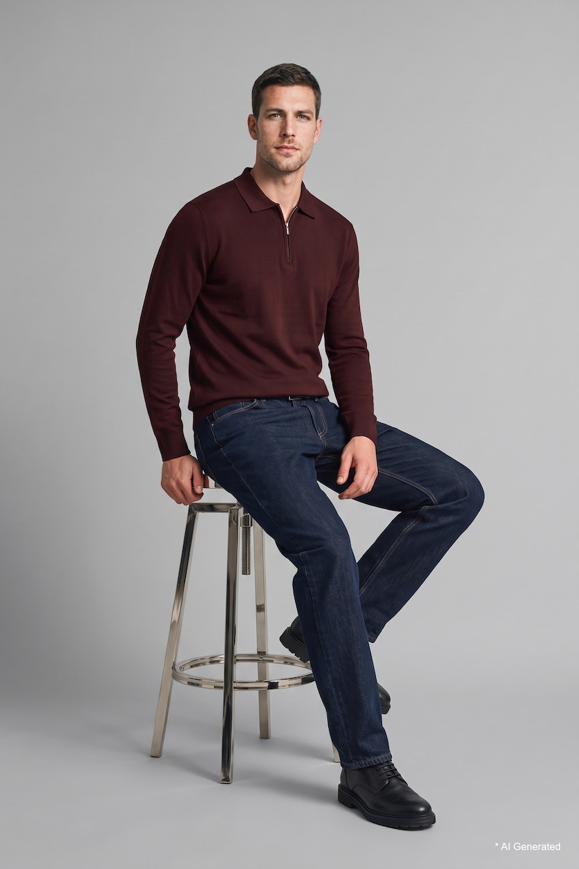 Erkek Bordo Standart Fit Polo Yaka Triko Basic Kazak
