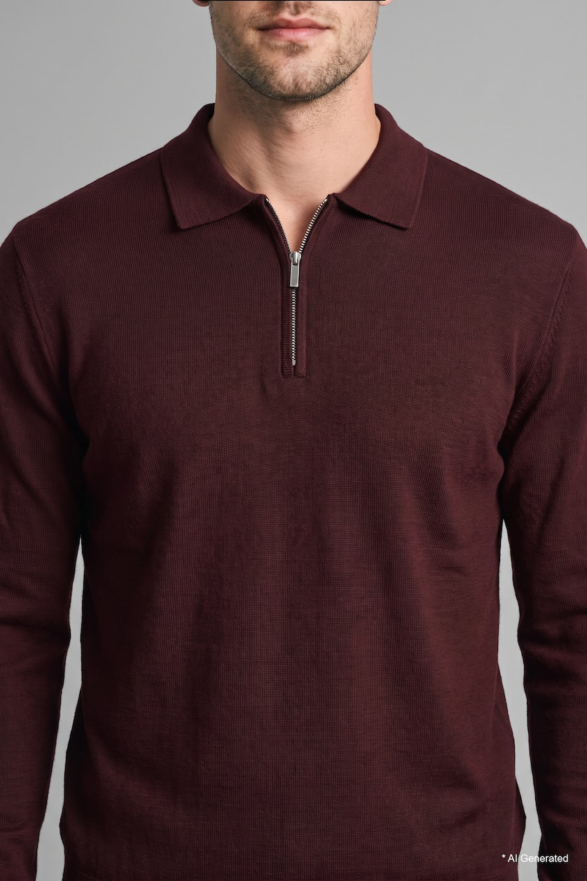 Erkek Bordo Standart Fit Polo Yaka Triko Basic Kazak