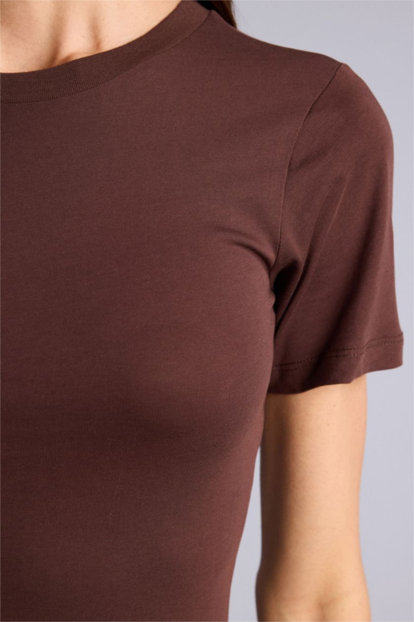 Kadın Kahve A Kesim Pamuklu Kısa Kollu Mini Elbise