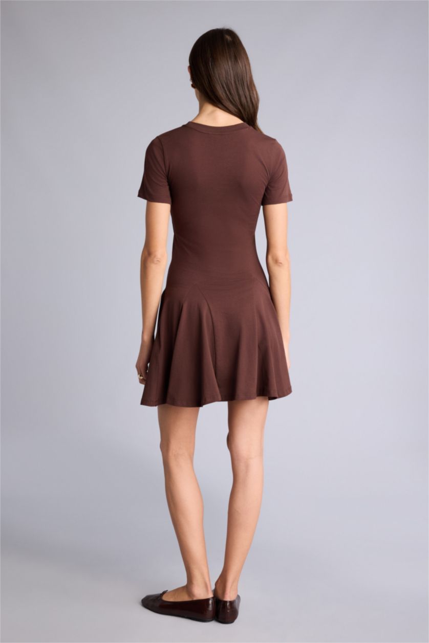 Kadın Kahve A Kesim Pamuklu Kısa Kollu Mini Elbise