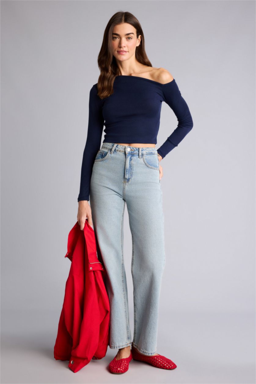 Kadın Lacivert Slım Fıt Tek Omuzlu Ribana Tişört