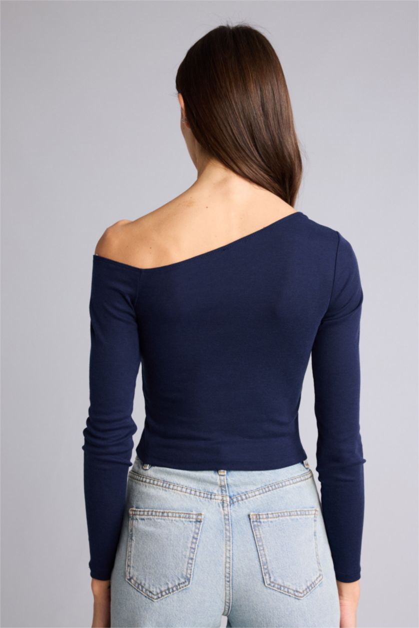 Kadın Lacivert Slım Fıt Tek Omuzlu Ribana Tişört