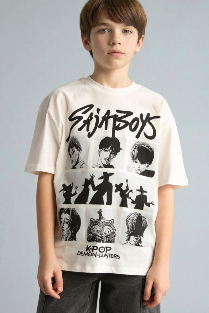 Мальчики и подростки Бежевый Футболка оверсайз Kpop - Demon Hunters с круглым вырезом принтом на спине и коротким рукавом для мальчиков