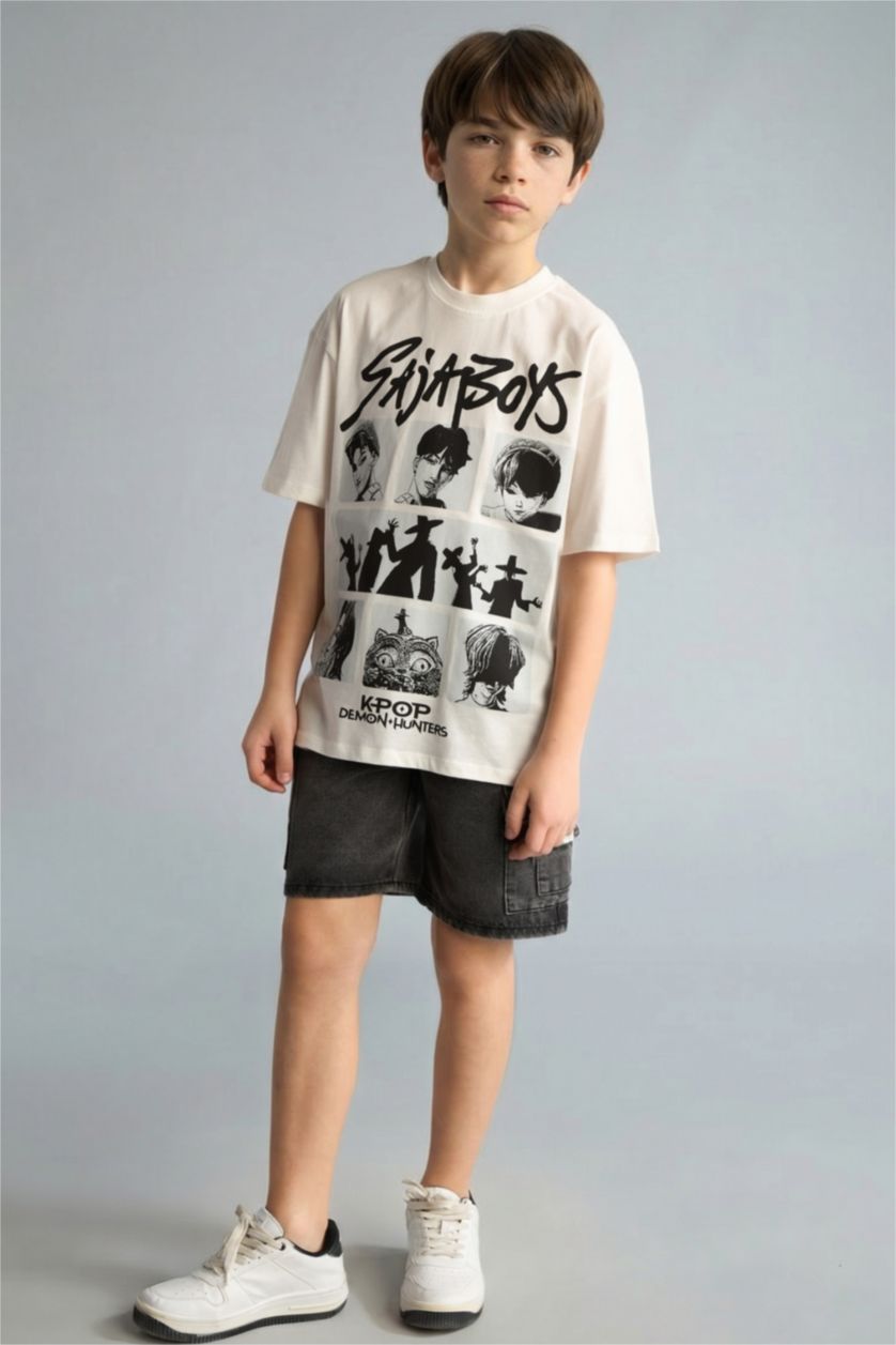 Мальчики и подростки Бежевый Футболка оверсайз Kpop - Demon Hunters с круглым вырезом принтом на спине и коротким рукавом для мальчиков