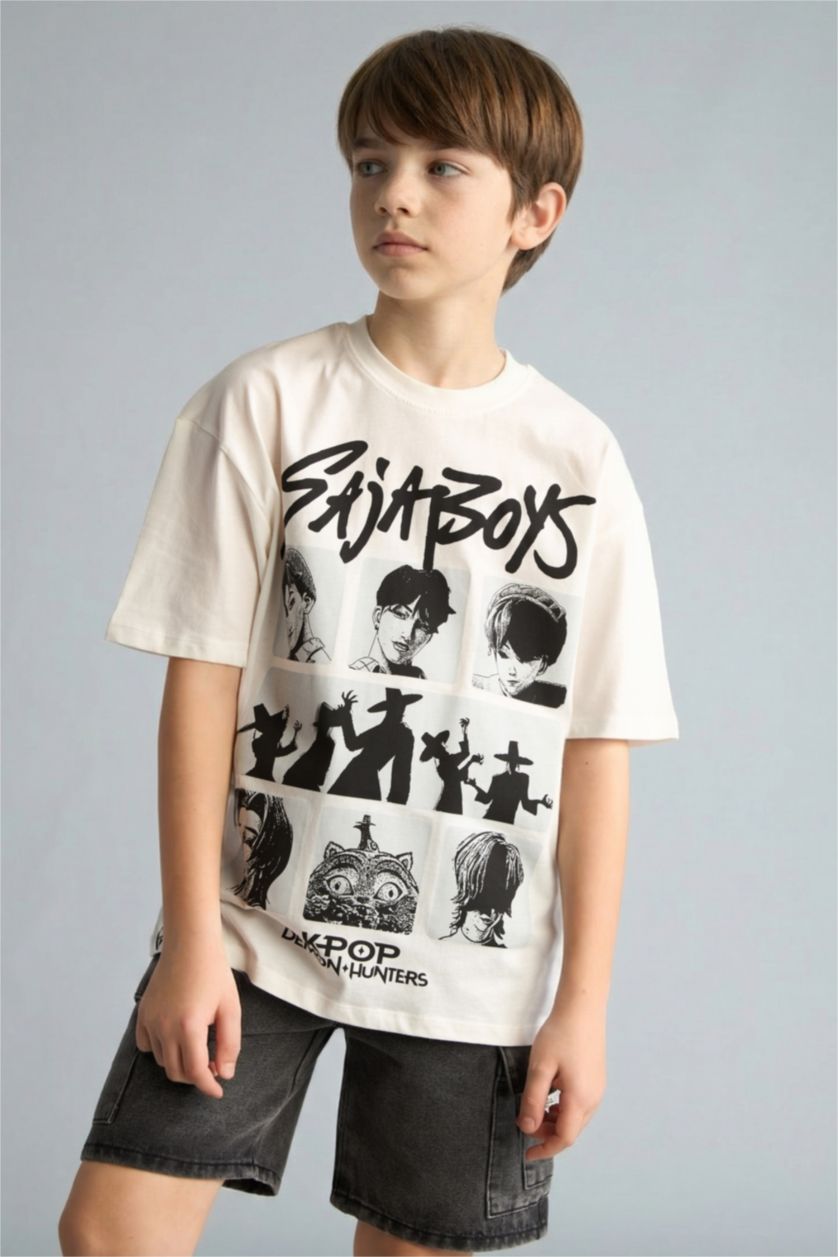Мальчики и подростки Бежевый Футболка оверсайз Kpop - Demon Hunters с круглым вырезом принтом на спине и коротким рукавом для мальчиков