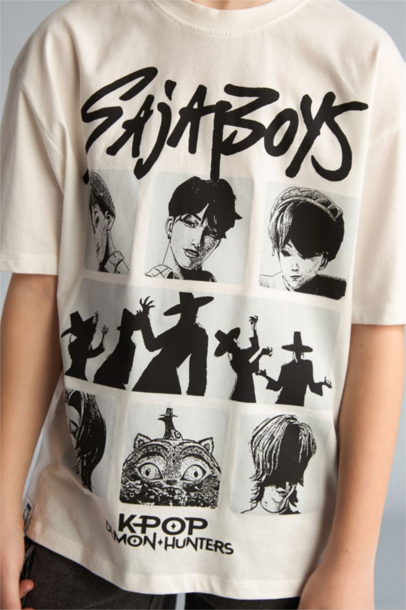 Мальчики и подростки Бежевый Футболка оверсайз Kpop - Demon Hunters с круглым вырезом принтом на спине и коротким рукавом для мальчиков