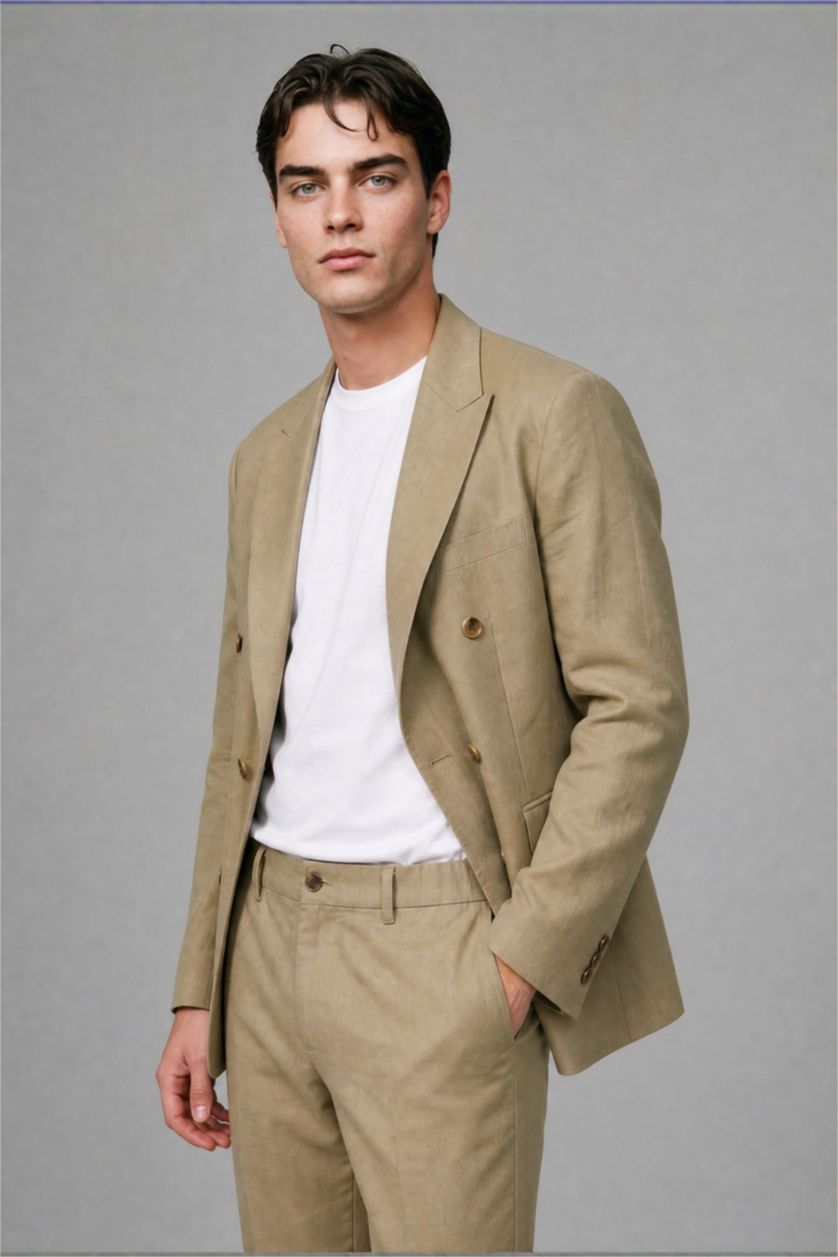Men Light Khaki Regular Fit Linen Look Blazer