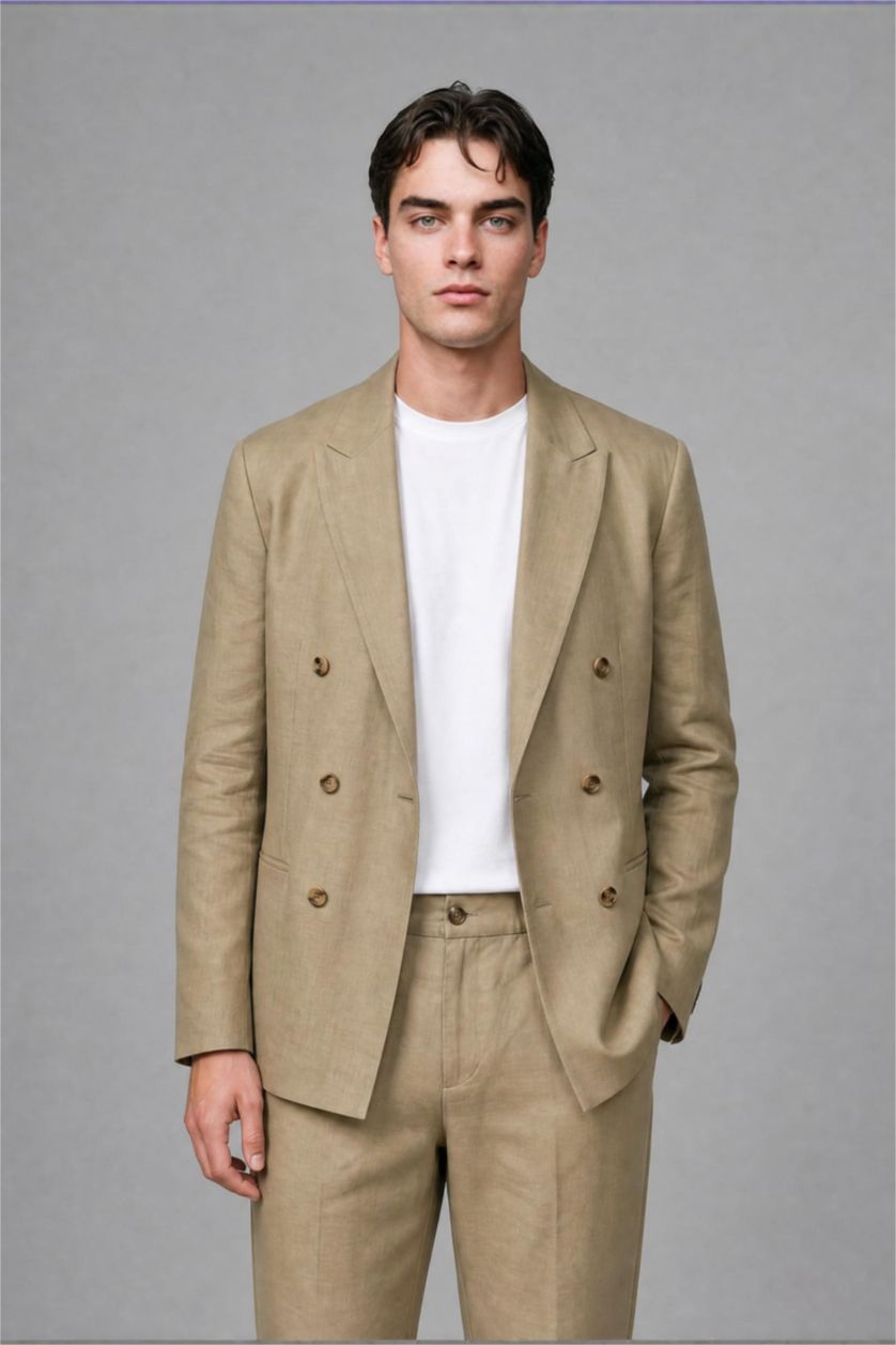 Men Light Khaki Regular Fit Linen Look Blazer