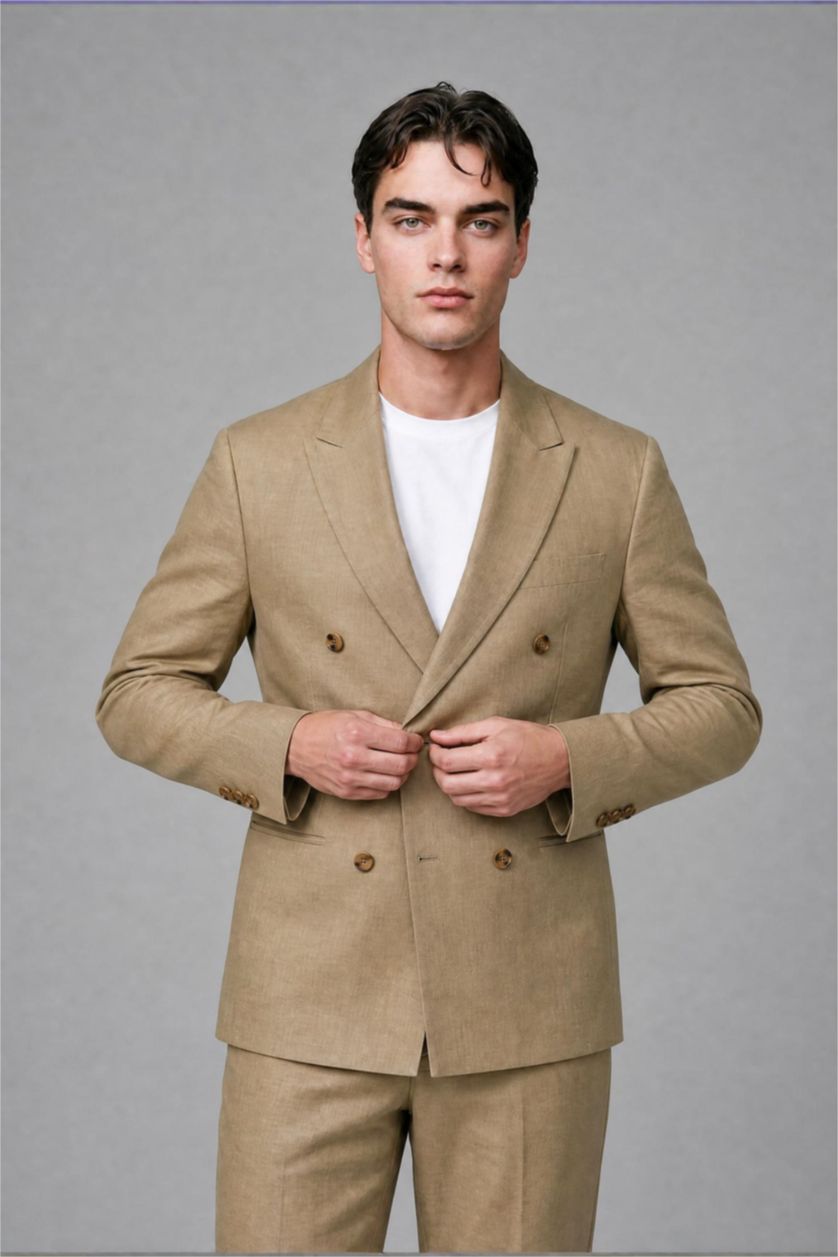 Men Light Khaki Regular Fit Linen Look Blazer