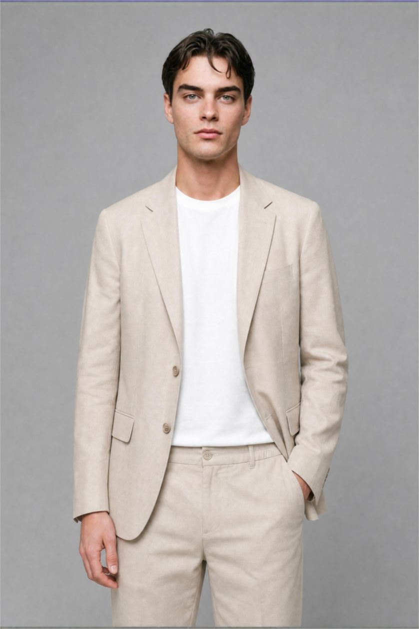Men Stone Regular Fit Linen Look Blazer