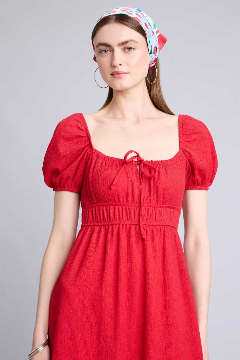 Kadın Kırmızı Kare Yaka Kısa Kollu Midi Elbise